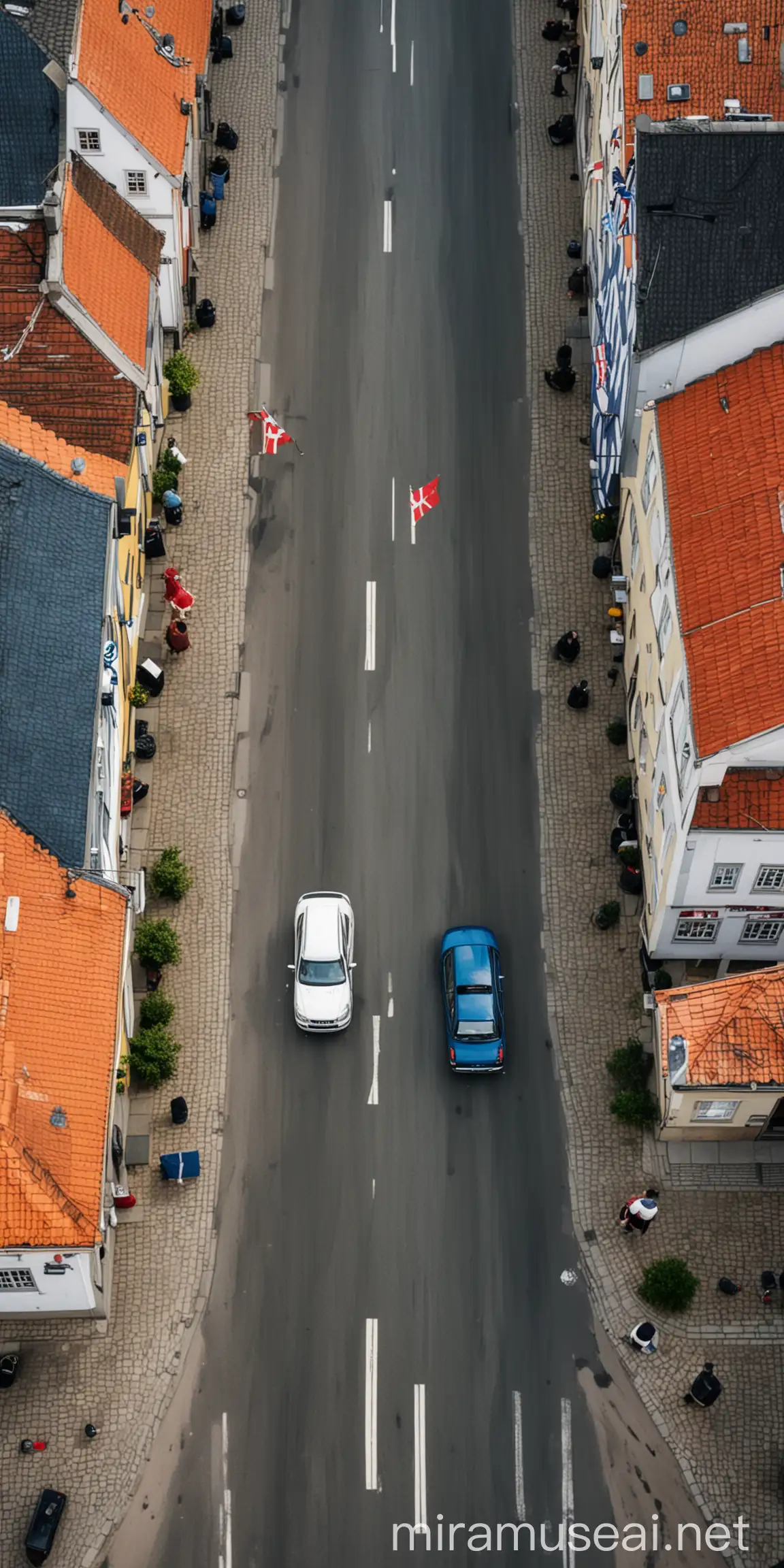 Aerial View of Denmark City Street with Nordic Flags and Car