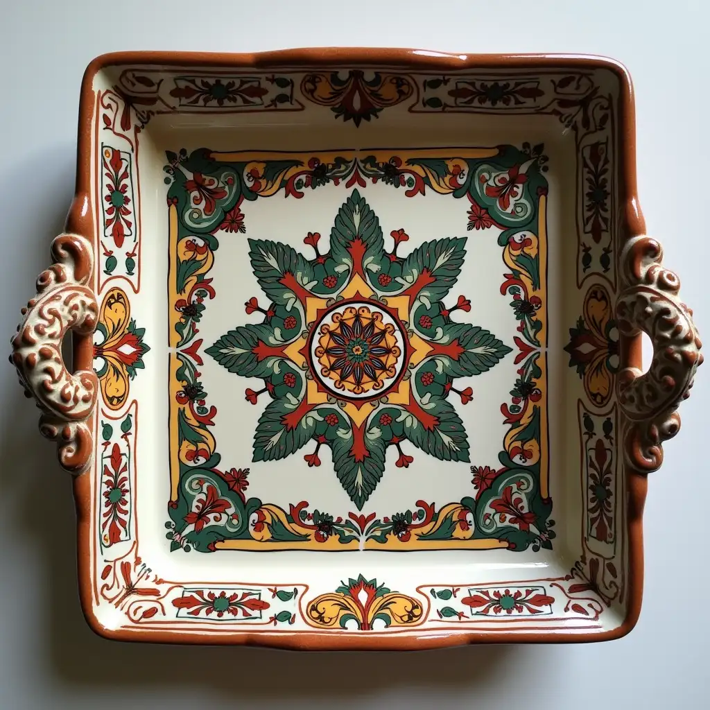 Square with rounded corners ceramic serving dish withe embossed beautiful fine art handle, antique and old, Qajar art, Iranian Tabriz carpet design