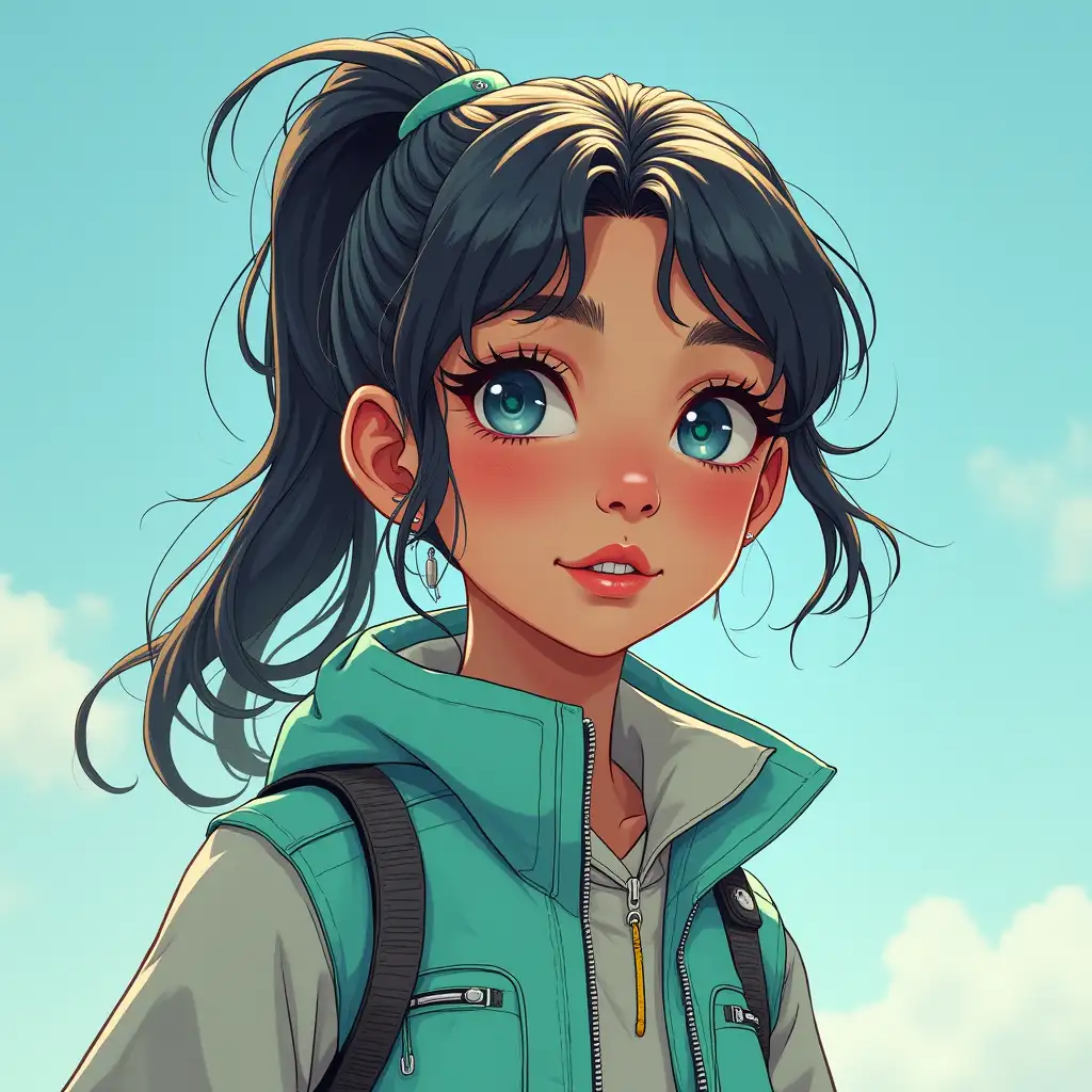 Generate an image of a young girl with a confident and adventurous personality, having a collected and mobile demeanor. She should be dressed in attire that combines technological minimalism with bold and expressive style, with accents of pearlescent and turquoise color. Her hair and clothing should reflect her dynamic and passionate personality. The image should convey a sense of energy and movement, as if the girl is ready to take on the next challenge.