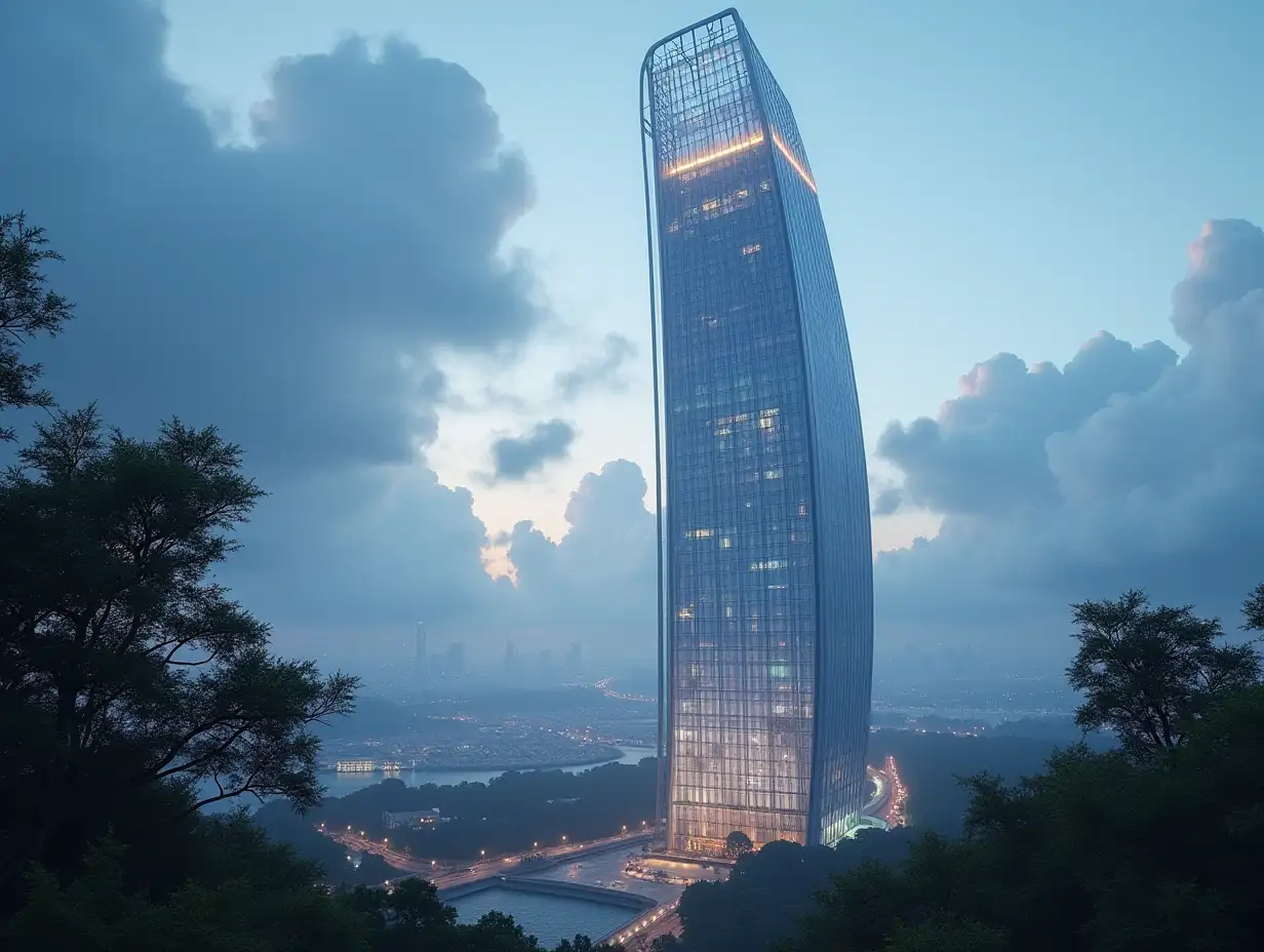 Create a high-resolution realistic image in 4k resolution, a futuristic curved illuminated skyscraper rising into the sky with plants and trees against a cloudy sky