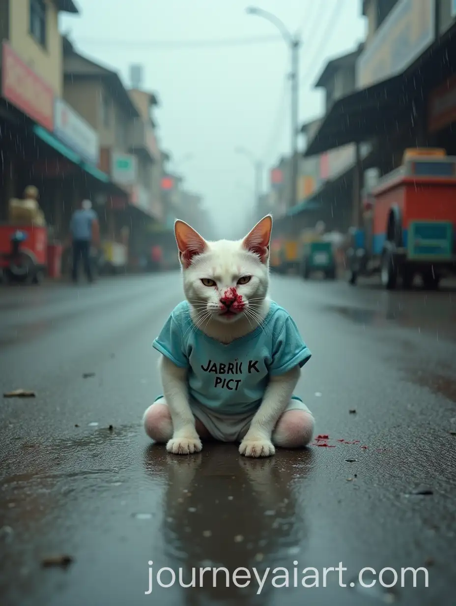 Injured-White-Cat-on-Rainy-Highway-Surrounded-by-Snack-Stalls