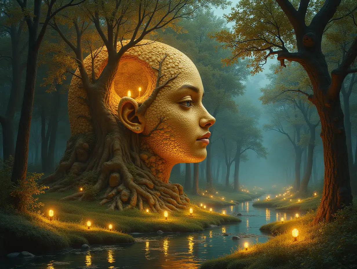 Creating a digital painting of a face with leuctkugel hair, that transforms into a building with gold stones and illuminated trees with golden roots and a river with floating light bulbs and lanterns and strange fairy beings on a meadow