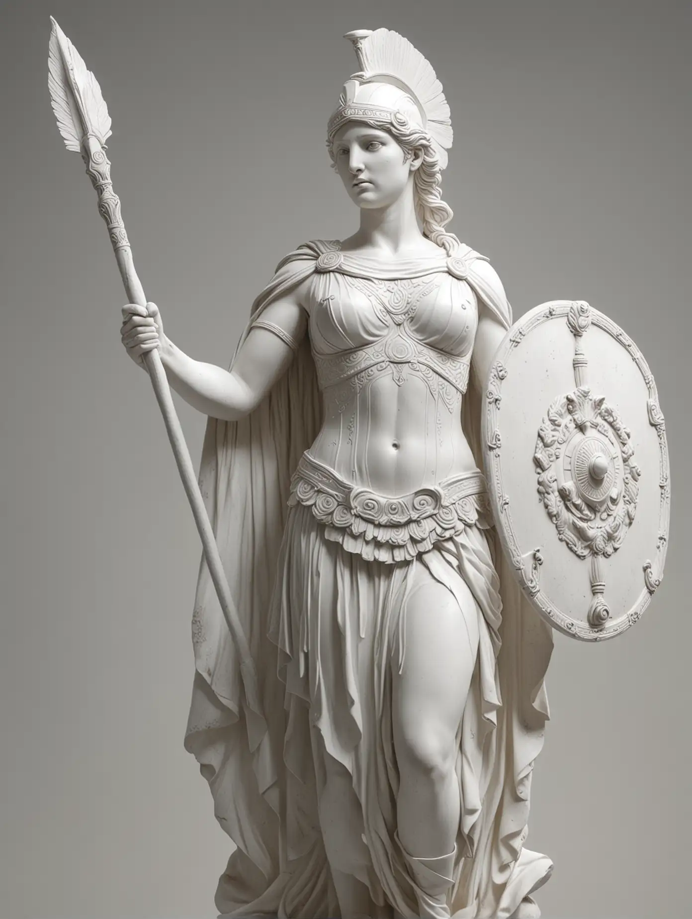 Hyperrealistic White Statue of Goddess Athena with Shield and Spear