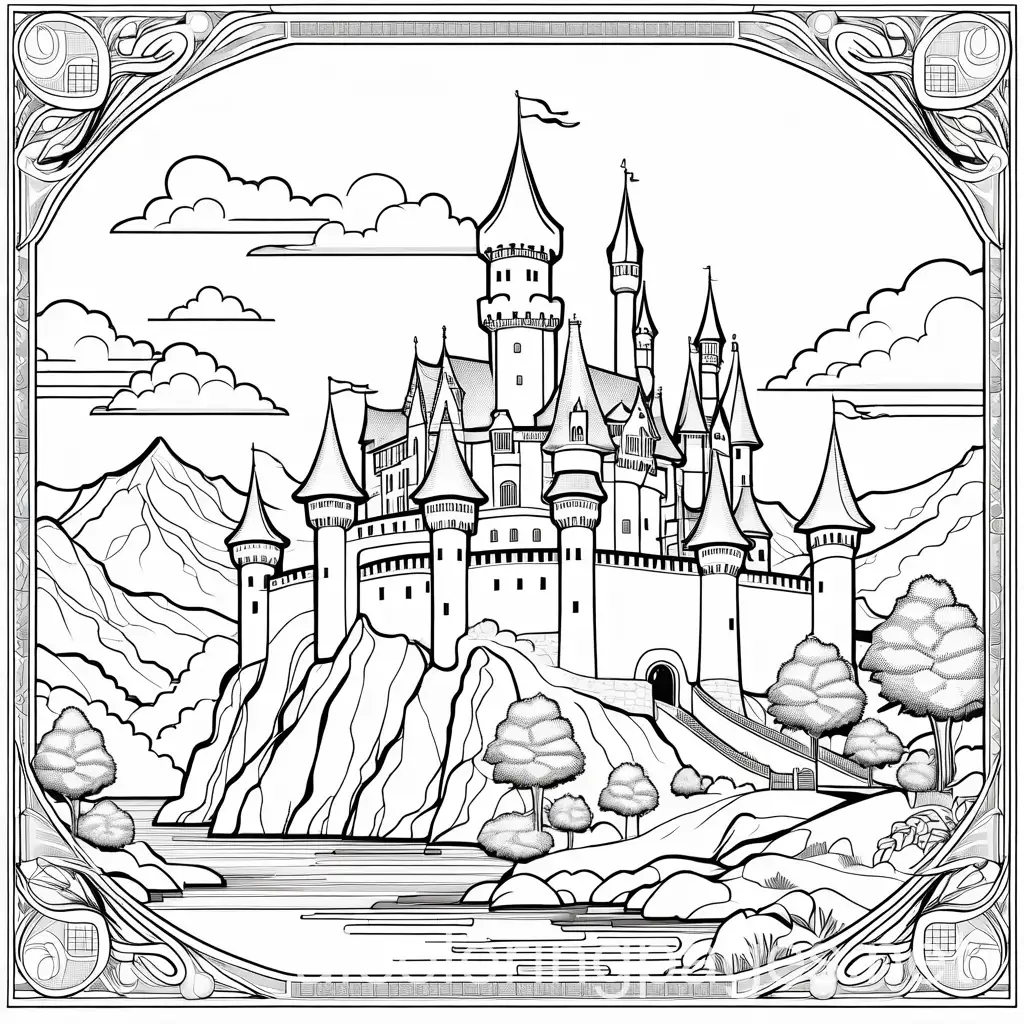 Introduction page with a beautiful medieval castle and a friendly dragon welcoming the children., Coloring Page, black and white, line art, white background, Simplicity, Ample White Space. The background of the coloring page is plain white to make it easy for young children to color within the lines. The outlines of all the subjects are easy to distinguish, making it simple for kids to color without too much difficulty