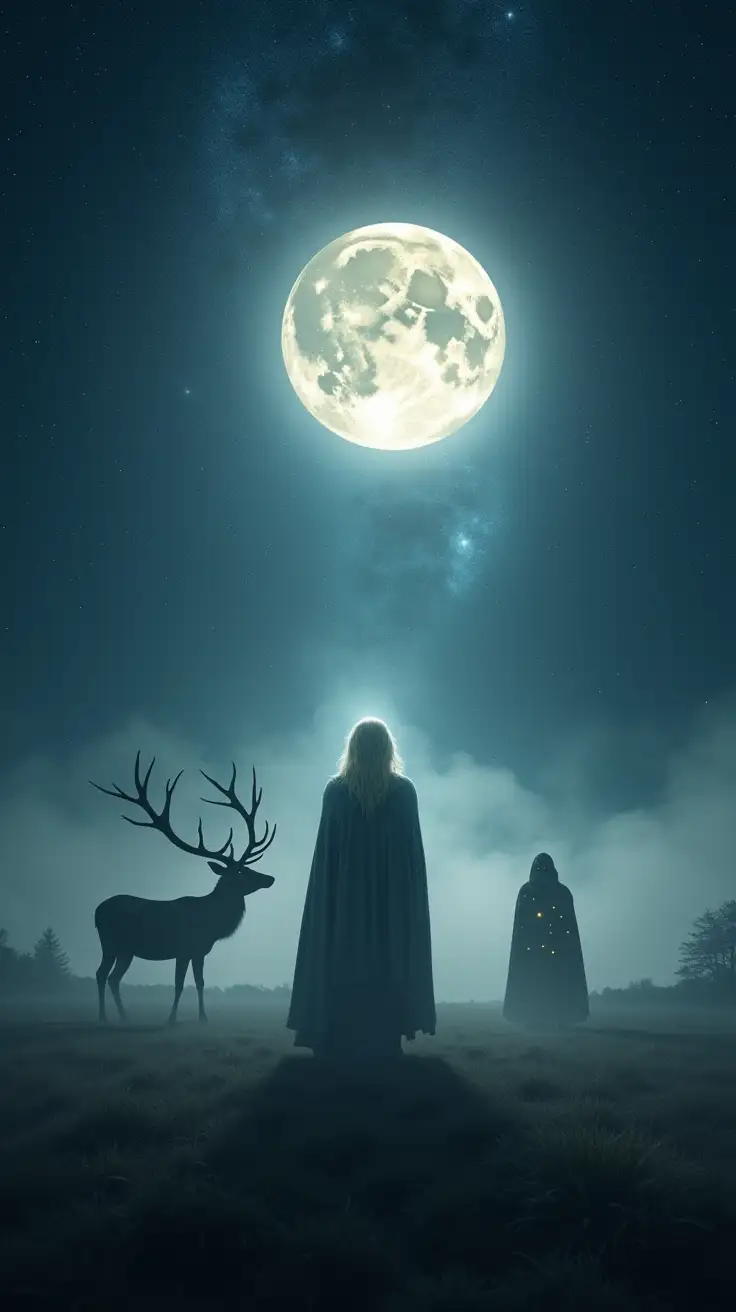 A vast moonlit clearing beneath a star-filled sky.Around the edges of the clearing, shadowy archetypal presences stir — a stag with glowing eyes, a cloaked seer, a figure cloaked in stars - partly veiled in mist and light. The central figure is illuminated, grounded and powerful, as if summoning these mythic forces into themselves. Atmosphere of boldness, mystery, embodiment, and living myth.