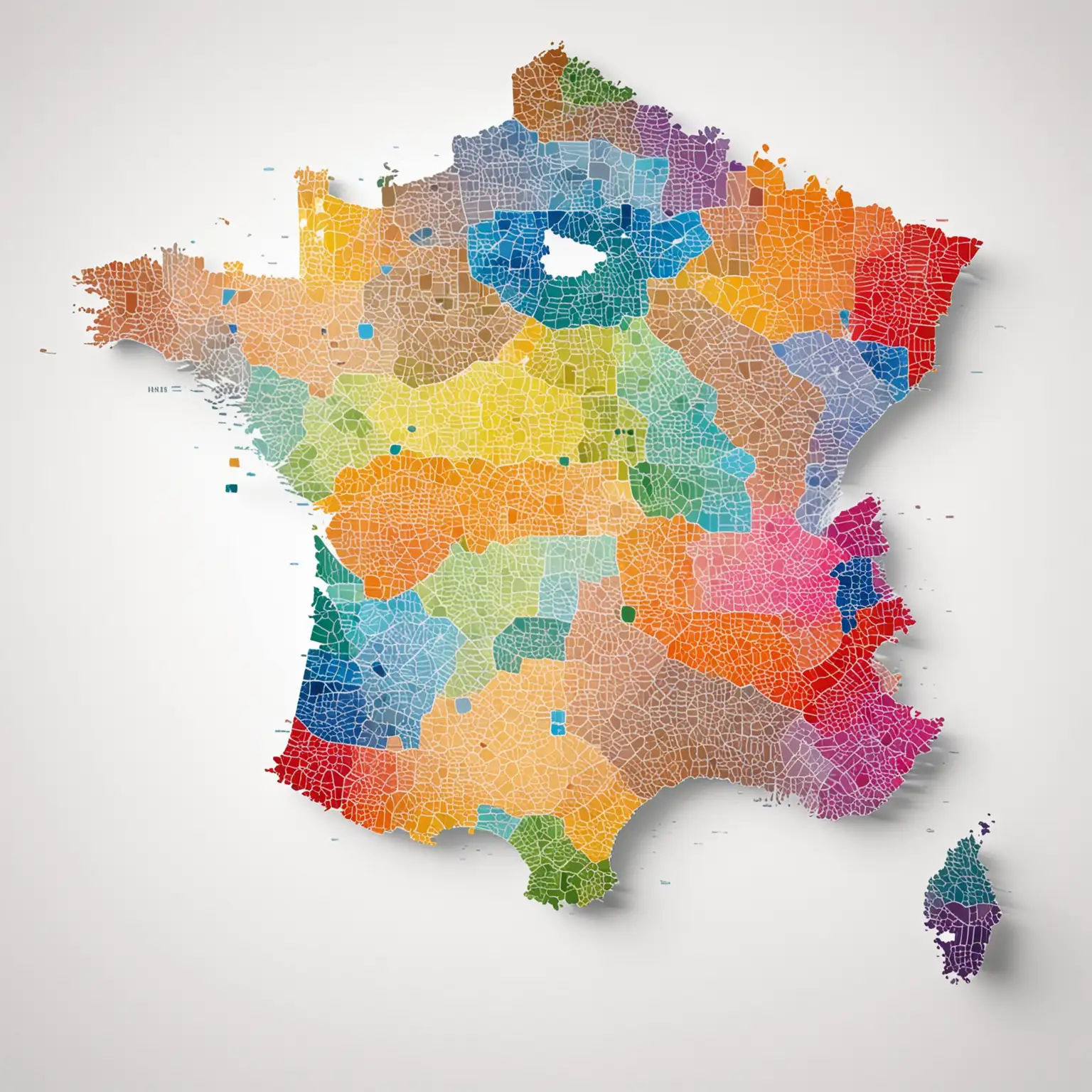 Colorful Map of France with Bright Clear Colors on Pure White Background