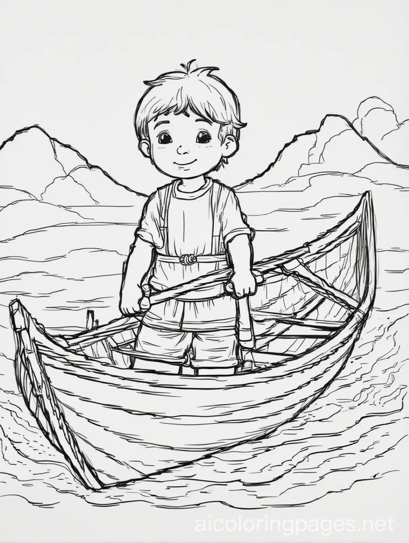 simple coloring page design of a boy in a row boat, Coloring Page, black and white, line art, white background, Simplicity, Ample White Space. The background of the coloring page is plain white to make it easy for young children to color within the lines. The outlines of all the subjects are easy to distinguish, making it simple for kids to color without too much difficulty