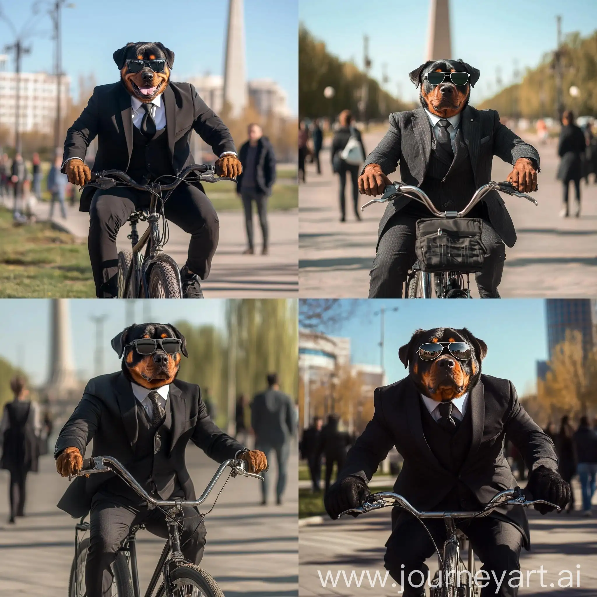 Rottweiler-Dog-Riding-Bike-in-Business-Suit-near-Baiterek-Monument