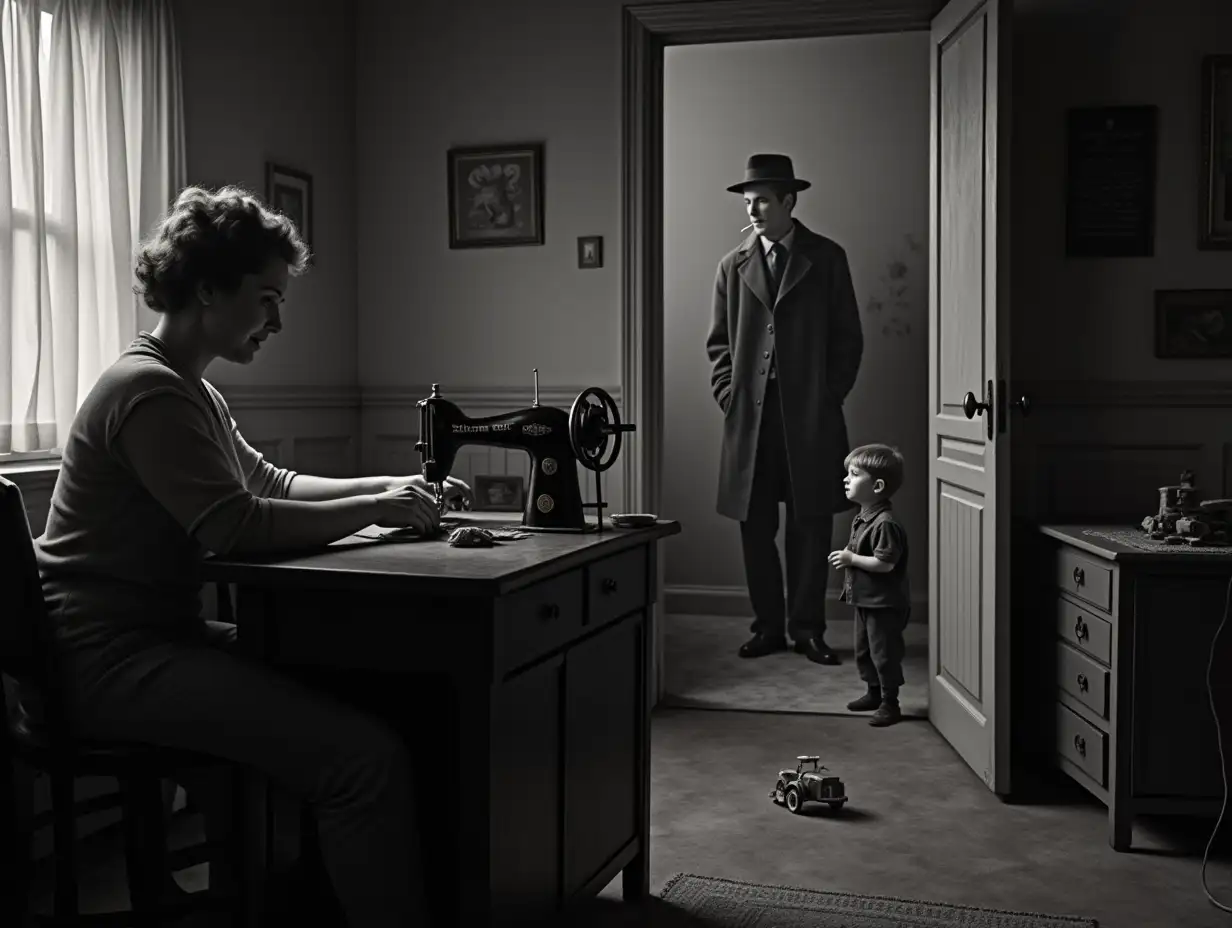 40s-Style-Room-Depicting-Poverty-and-Despair-with-Woman-Sewing-and-Child-Playing