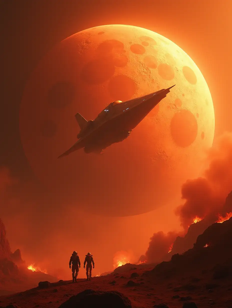 human beings escaping from the planet Mars in a spaceship, the planet is burning in flames.