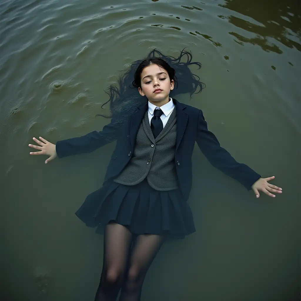 A young schoolgirl in a school uniform, with a skirt, jacket, blouse, dark tights, high-heeled shoes. She is swimming in a dirty pond, lying underwater, her clothes are completely wet, the wet clothes stick to the body, the whole body is under water, submerged in water, below the water surface.