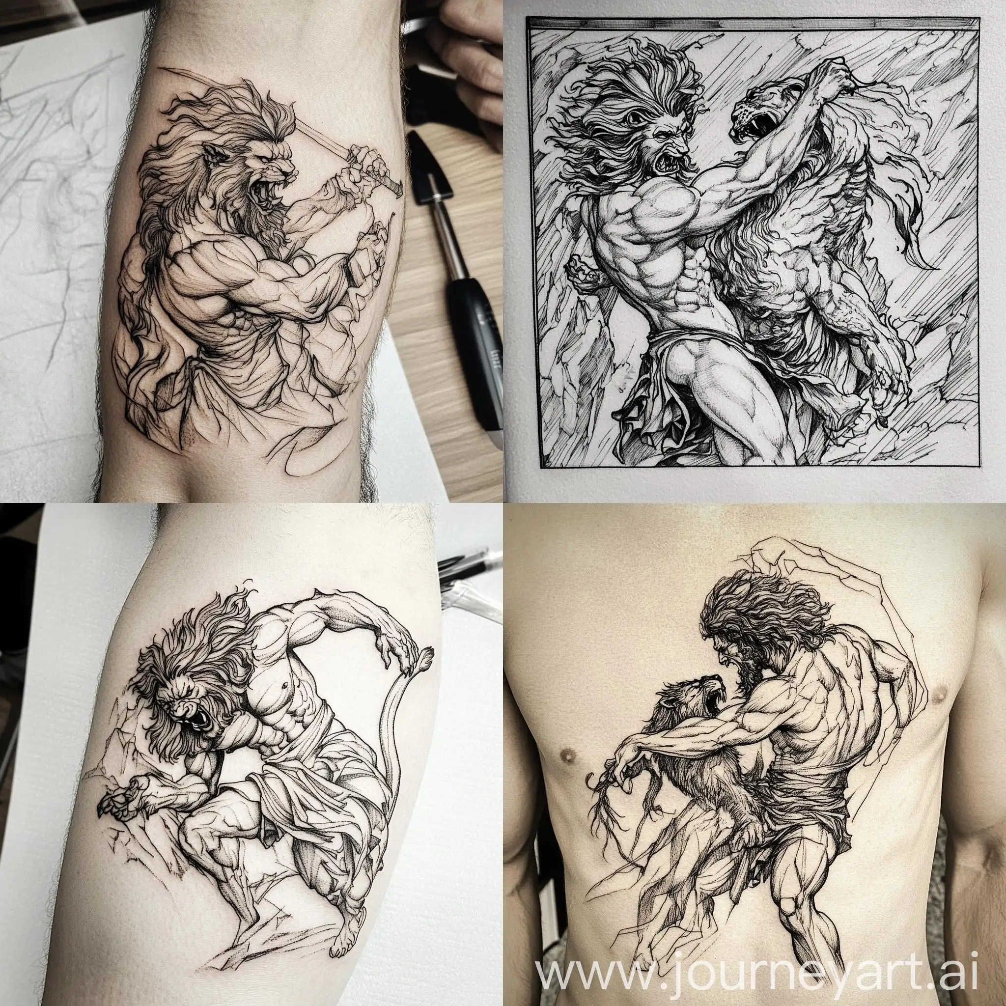 Engraving-Style-Tattoo-Sketch-Lion-Fighting-Hercules