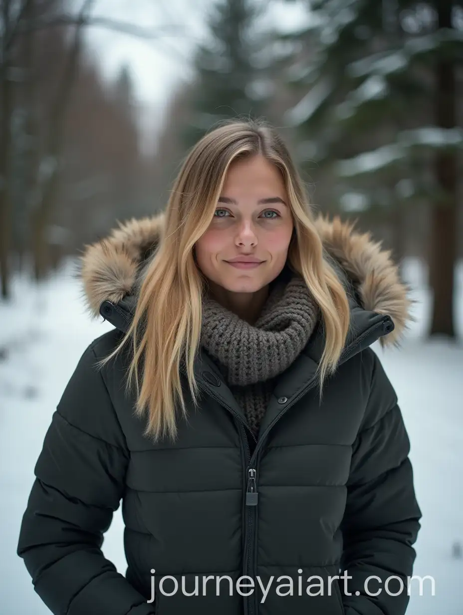 Blonde-Woman-in-Down-Jacket-Walking-Through-Winter-Forest