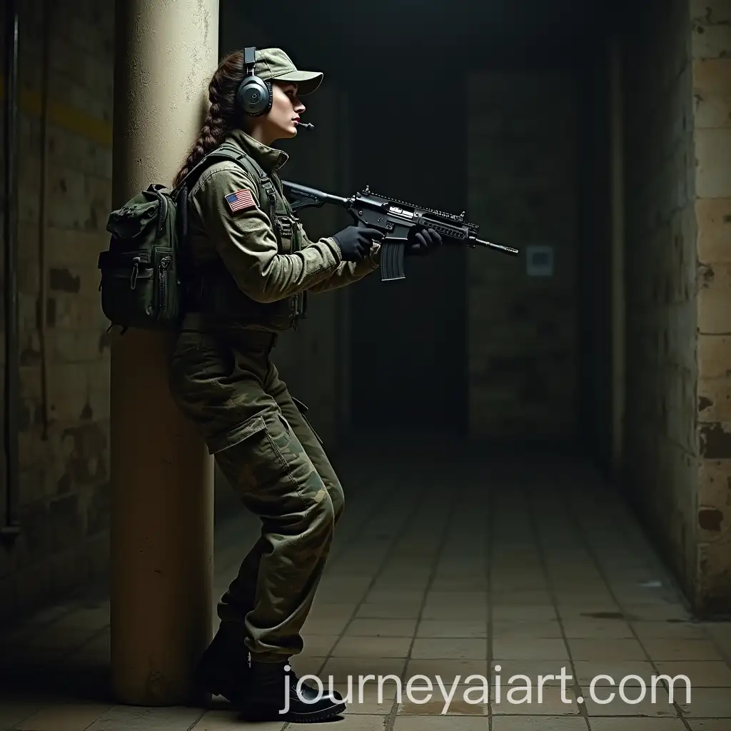 Russian-Military-Woman-Commander-in-Camouflage-Throwing-Fragmentation-Grenade-in-Dungeon