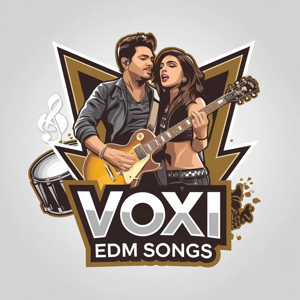 LOGO Design for VOXI EDM SONGS Indian Rock Couple Music and Band Drum Theme