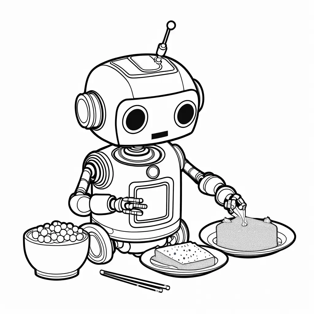 robot eating, Coloring Page, black and white, line art, white background, Simplicity, Ample White Space. The background of the coloring page is plain white to make it easy for young children to color within the lines. The outlines of all the subjects are easy to distinguish, making it simple for kids to color without too much difficulty