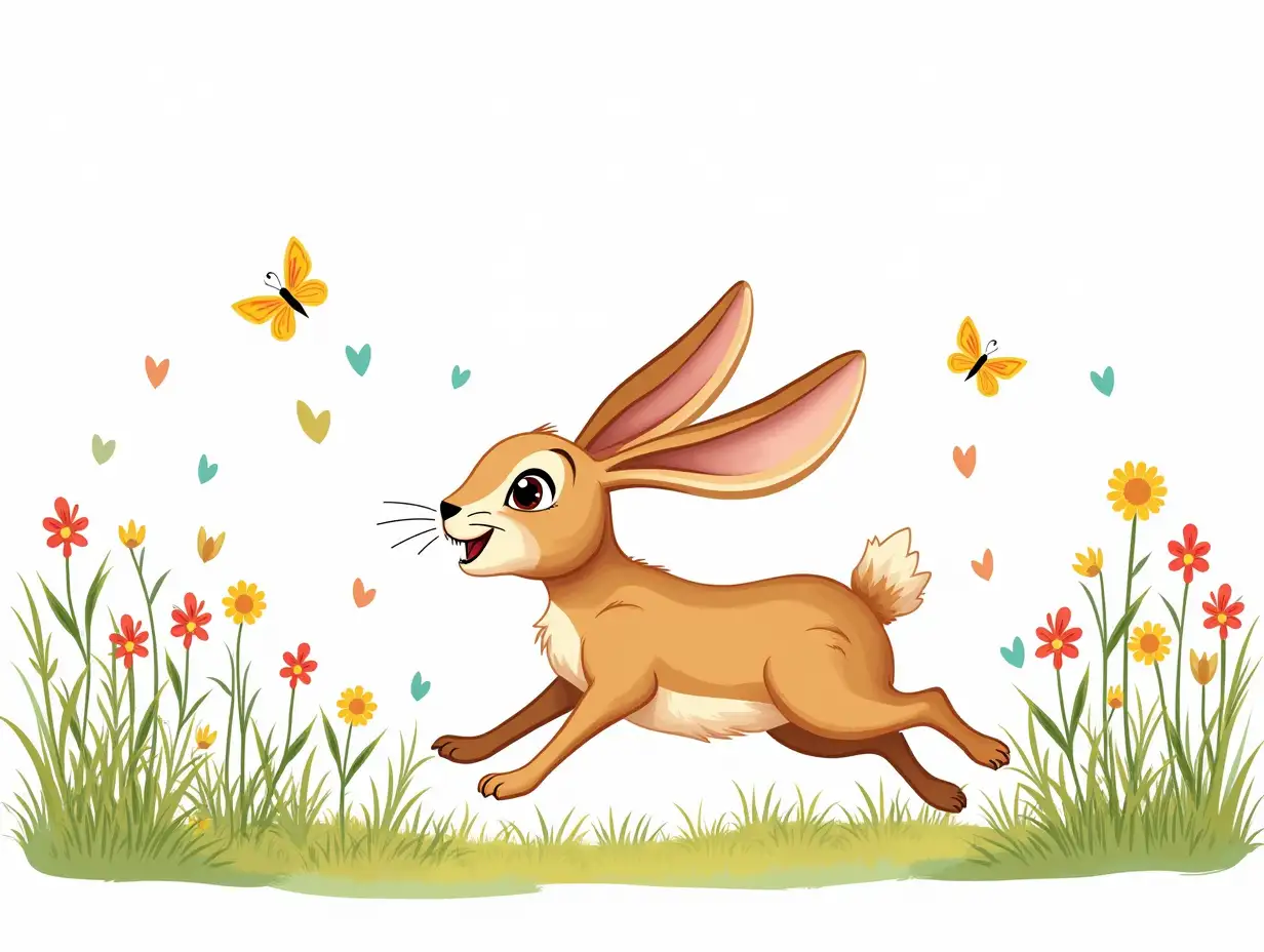 Create a lively and playful wild hare hopping through a meadow. The hare has long ears, fluffy fur, and big, bright eyes. It's surrounded by tall grass, colorful wildflowers, and a few butterflies fluttering by. The scene should be cheerful and simple, with bold outlines perfect for coloring. Make sure the hare looks energetic and joyful, capturing the spirit of nature!