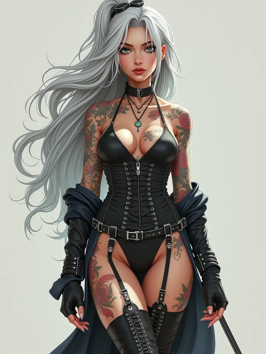 Depiction of a beautiful white woman with tattoos and long mixed white-black hair in a futuristic style and laced boots