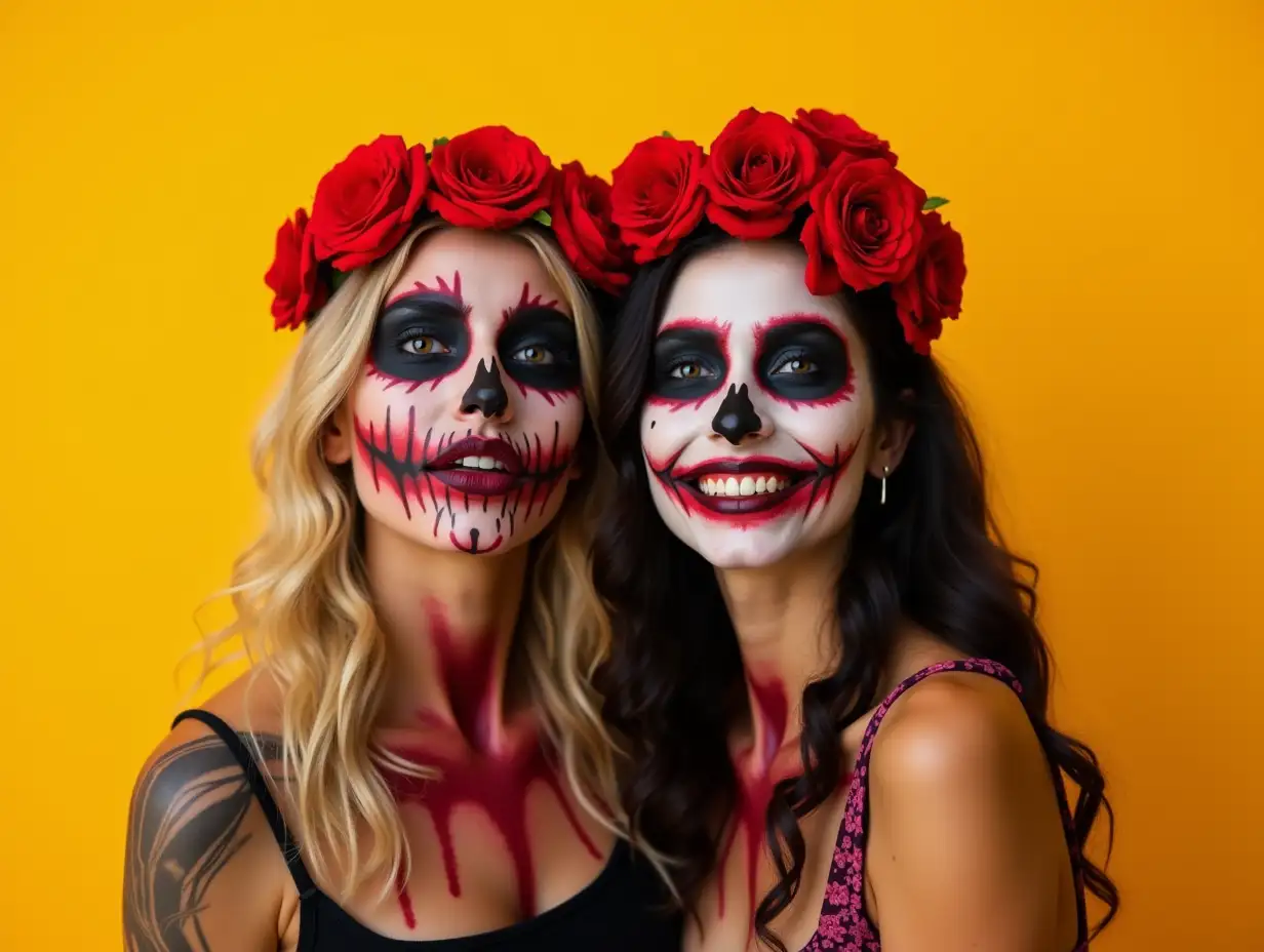 Adorable zombie girl in rose wreath posing on yellow background. Happy couple with muerte makeup having fun in halloween.