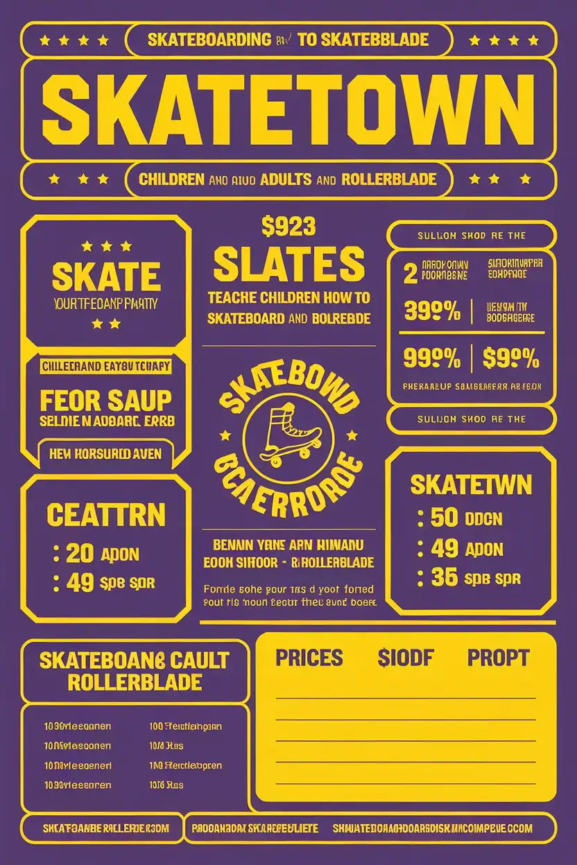 мы компания SkateTown учим детей и взрослых кататься на роликах и скейте, мы придерживаемся фиолетового и желтого цвета , создай для нас красивый премиальный пустой лист где можно написать цены за услуги, добавь в лист сверху название нашей компании