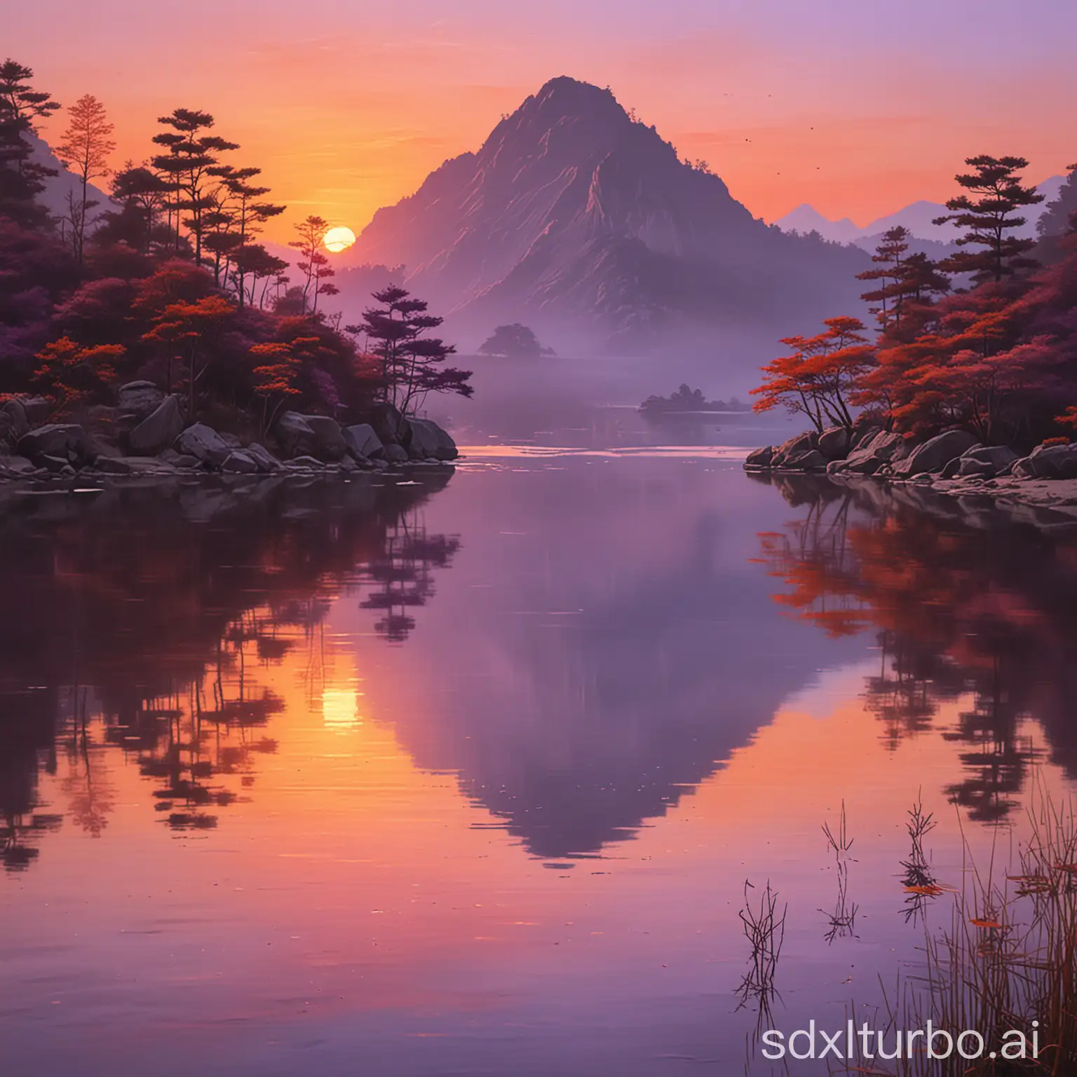 (sunset:1.5) A tranquil and peaceful lake at sunset, with orange and purple light reflecting on the water, like a Chinese mountain-and-water painting in the background