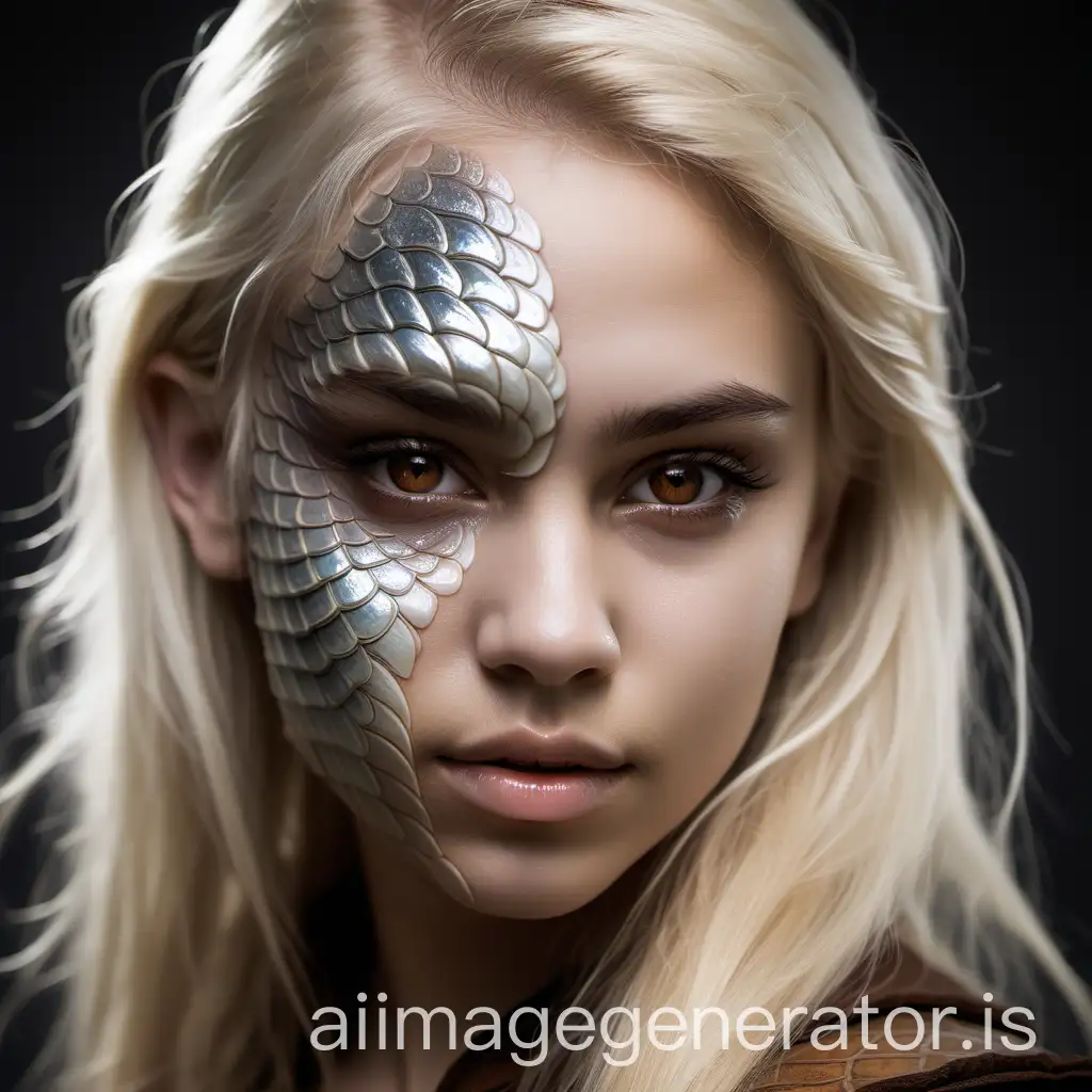 Young human woman with a skin having clear dragon scales on the left cheek, brown eyes and long blonde hair