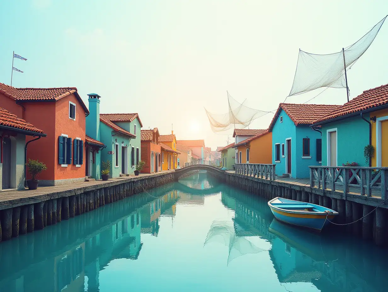 Idyllic houses next to a river with fishing nets and a small boat.-real photo triple exposure basic concept of something Beautiful photo colorful shots