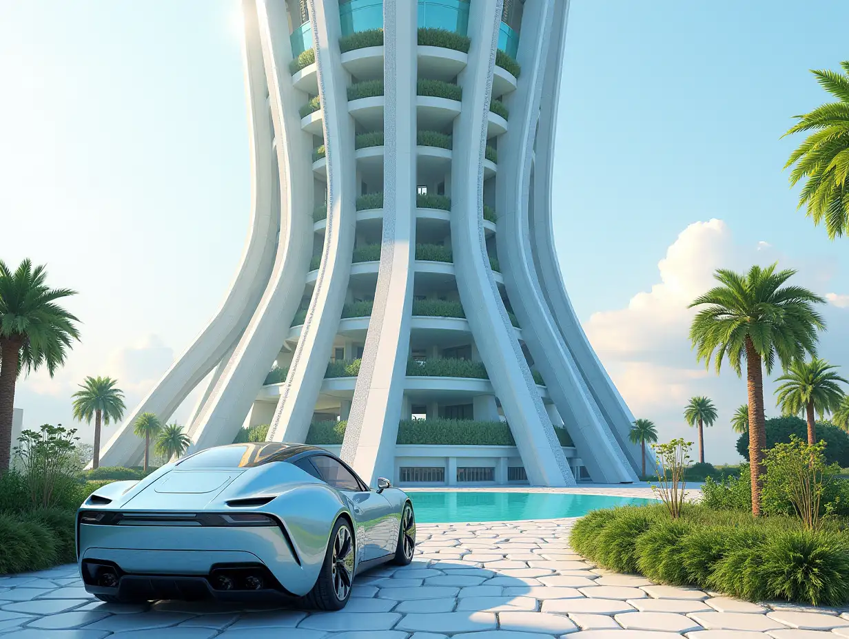 Create a high-resolution, realistic image in 4K resolution of a multicolored futuristic skyscraper with curved pillars and many plants and a futuristic vehicle with tinted glass