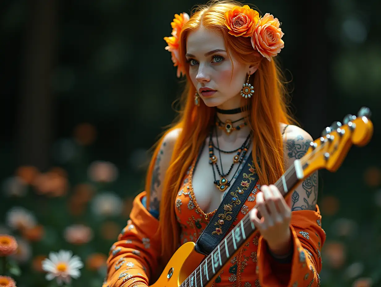 user_prompt: Hyperrealistic representation of a beautiful white woman with a -tattoo, future long orange-yellow braided hair and laced boots, holding E-guitar flowers and wearing intricately detailed, colorful and futuristic jewelry. Background blurred, black 120-mm shot