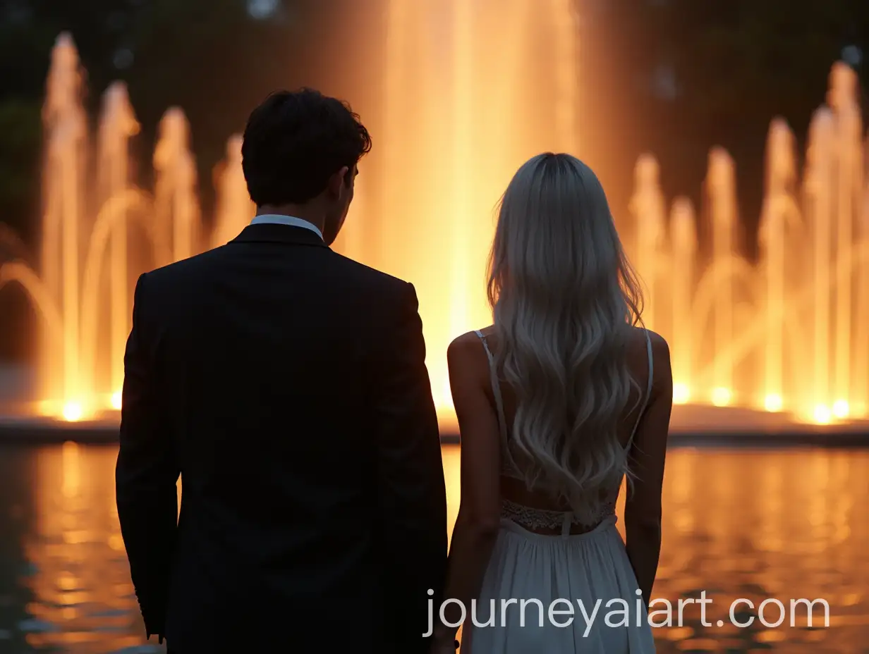 Couple-Standing-by-Water-Fountain-at-Night-with-Golden-Hour-Lighting