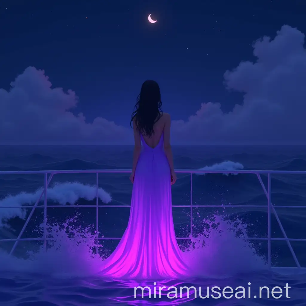 Stunning Woman in Purple Digital Light on Cruise Ship Deck at Midnight