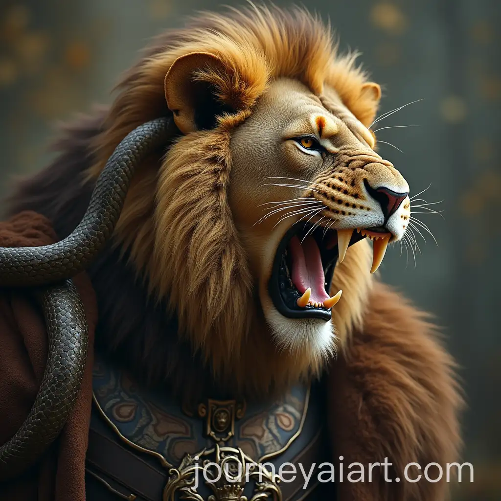 Lion-Emerging-from-Kings-Forehead-with-Snake-Glowering-in-Mythical-Scene