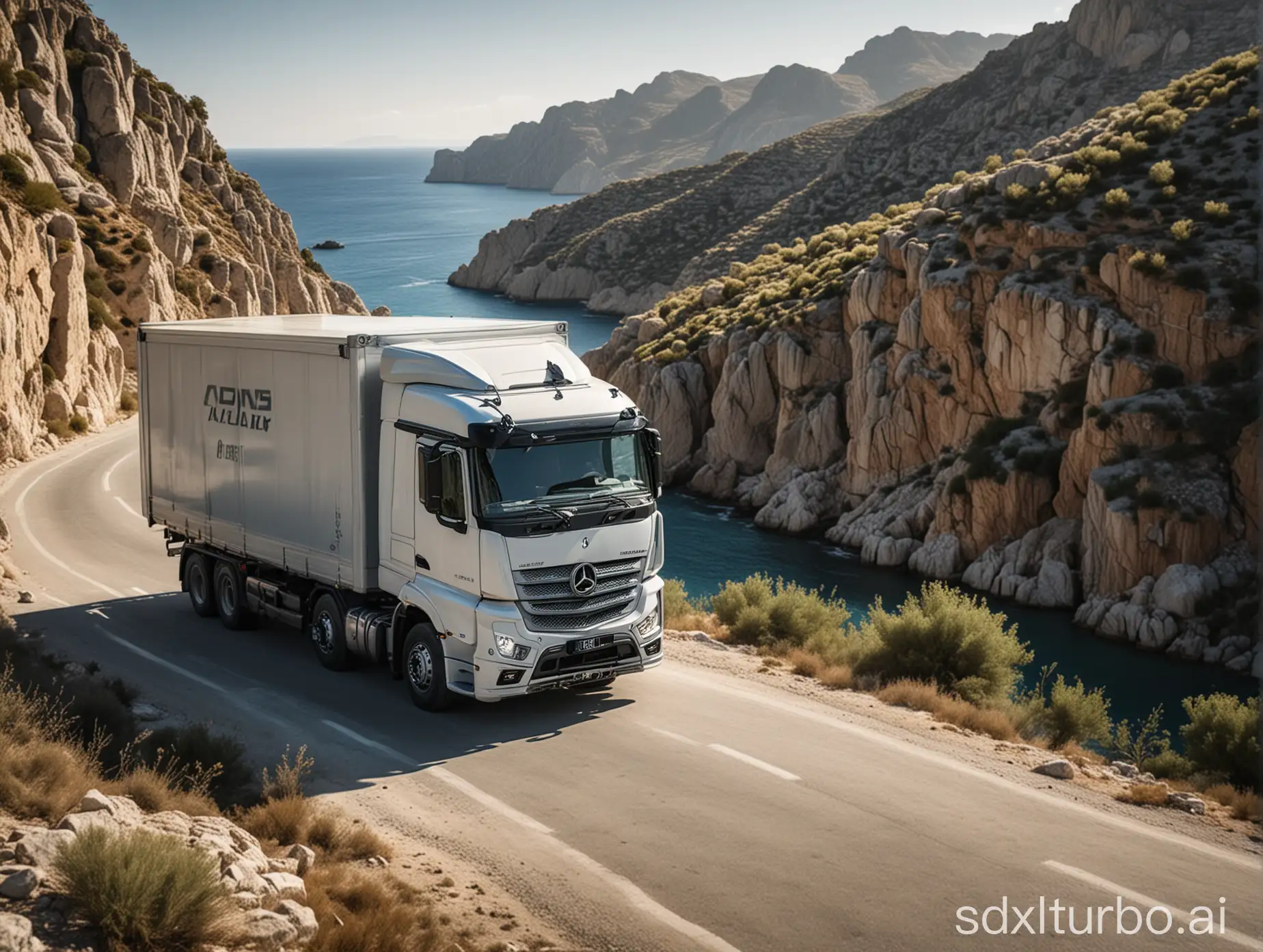 a highly detailed Mercedes Truck driving through a spectacular landscape on a greek island,