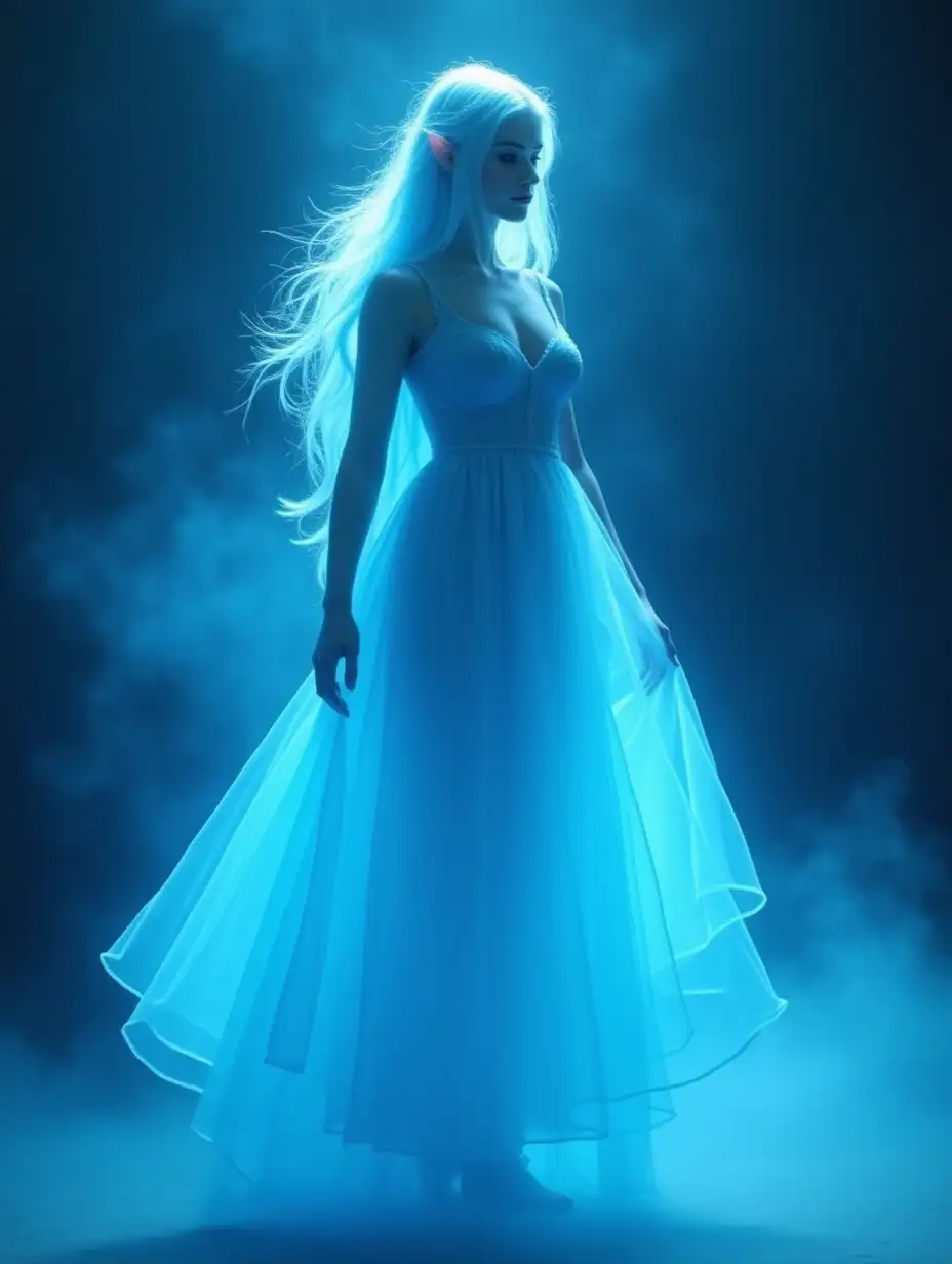 Translucent Elven Woman in Flowing Dress Amid Blue Mist