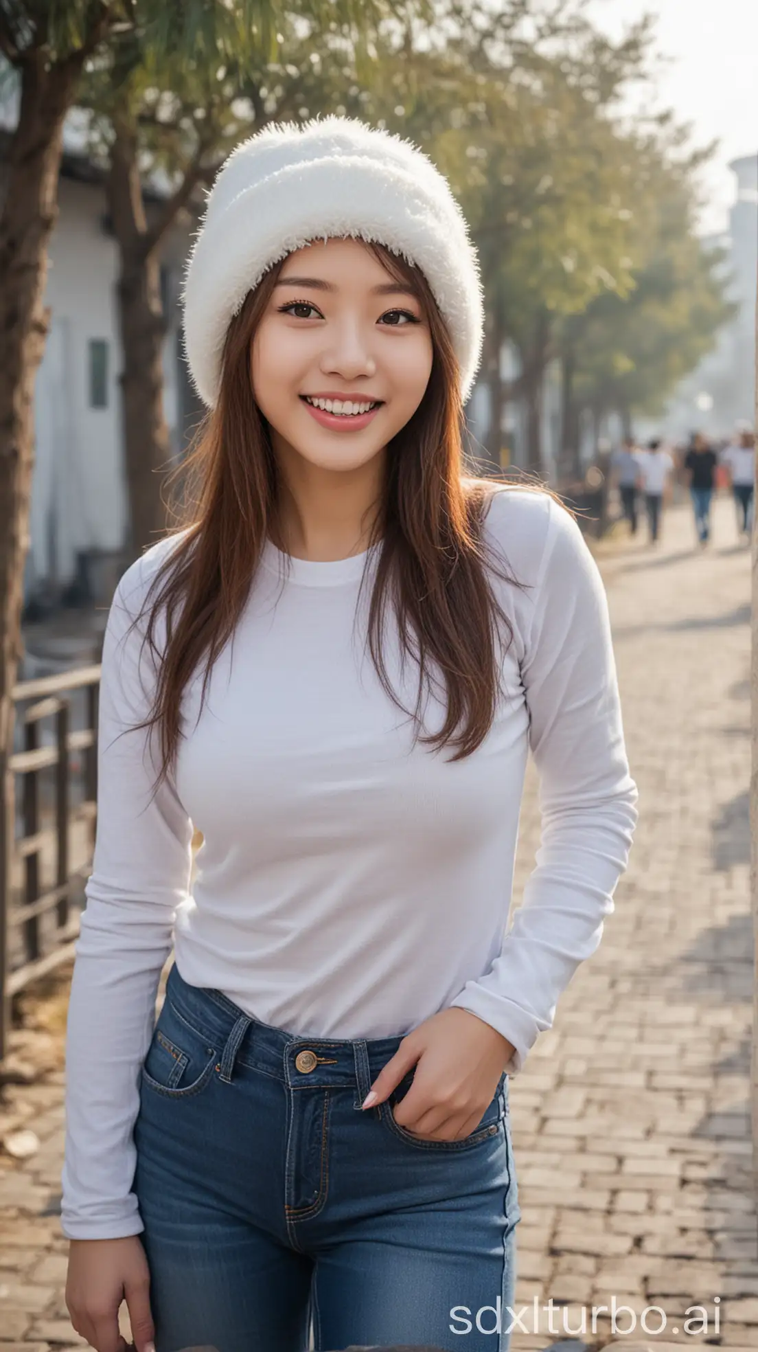 Chinese-Woman-in-Winter-Outfit-Making-Cute-Gestures-in-Tourist-Area