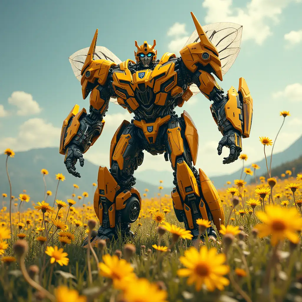 Bumblebee Transformers and Transformer robot Bumblebee 'double exposure:'The car is producing tire smoke from its back wheels 'double exposure:gorgeous pop art electric guitar garden 🚀✨: Enchanting innocence: Little dandelion fairy and daisy: 'Brad's vineyard petal Christmas in Italy'