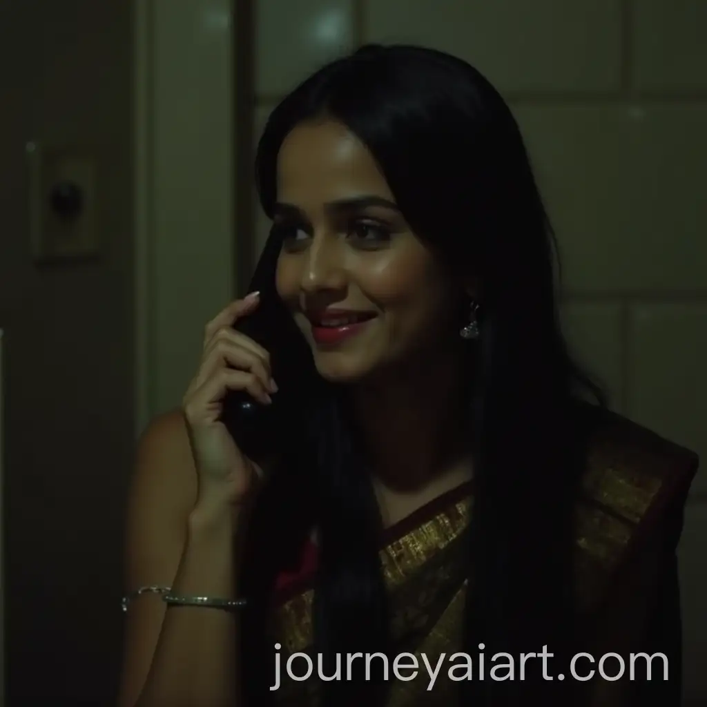 Anushka-Shetty-Sitting-in-Bathroom-with-Phone-Sleeveless-Saree-Shy-Smile