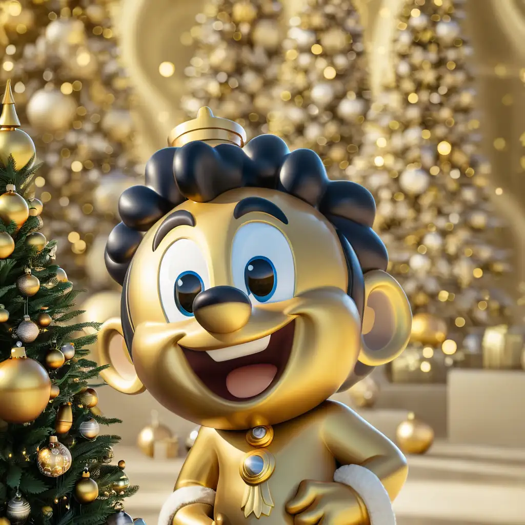 Golden Cartoon Statue in a Magical Christmas Forest