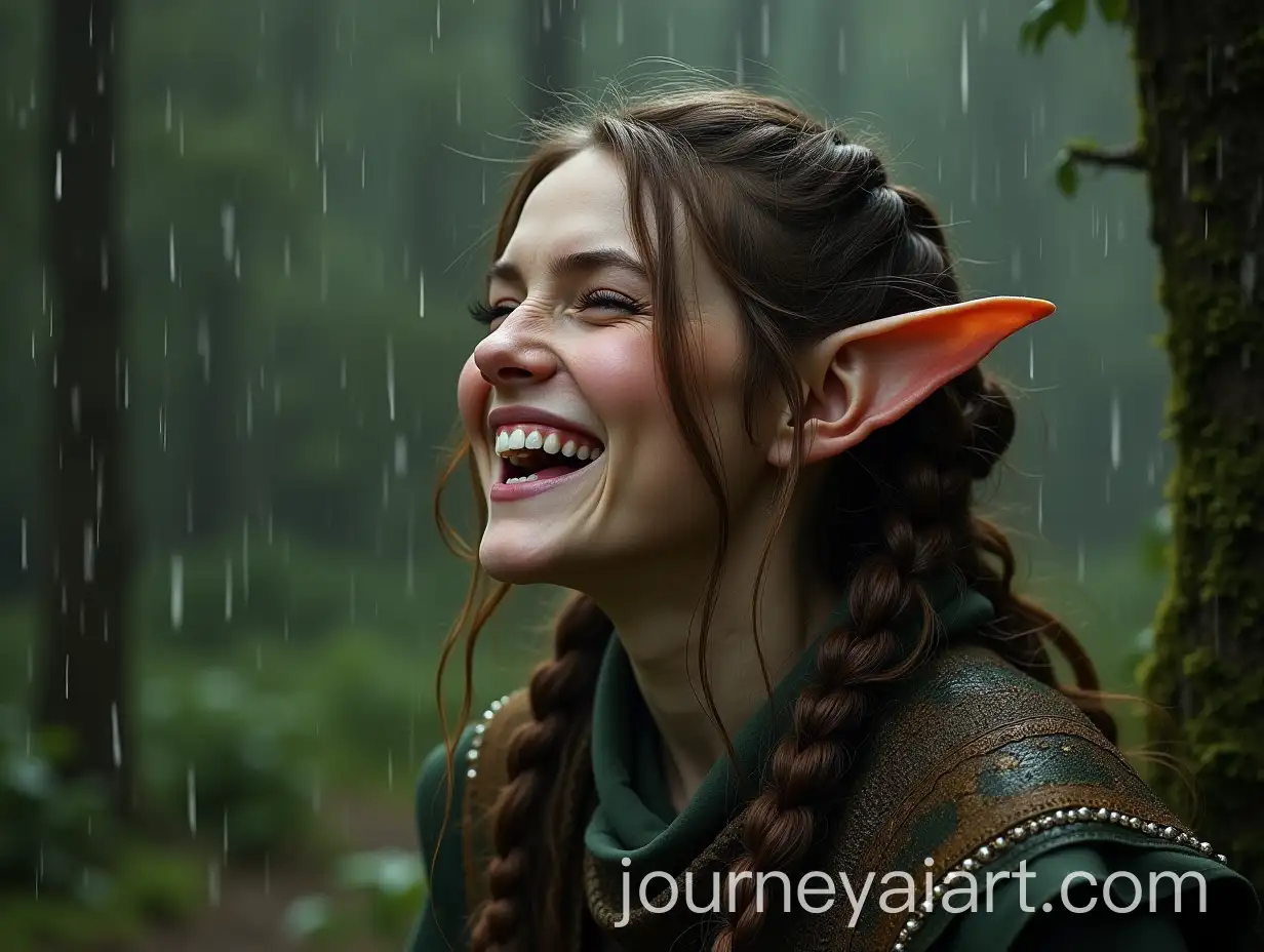 Medieval-Slavic-Inspired-Female-Fantasy-Elf-Laughing-in-the-Rain