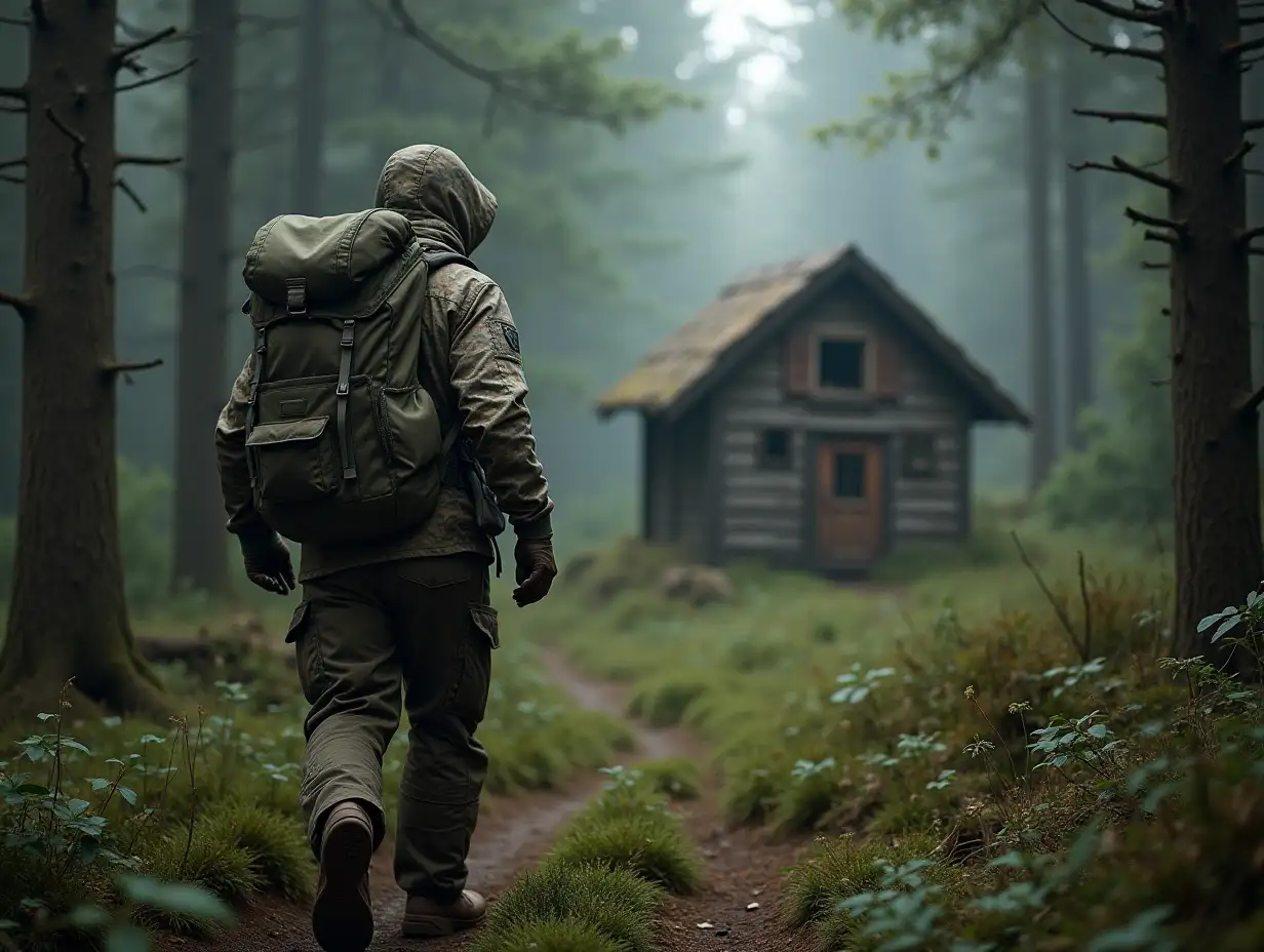 A survivalist in a canvas camouflage and with a backpack sneaks through the forest, he comes out on a glade with a mysterious little house.