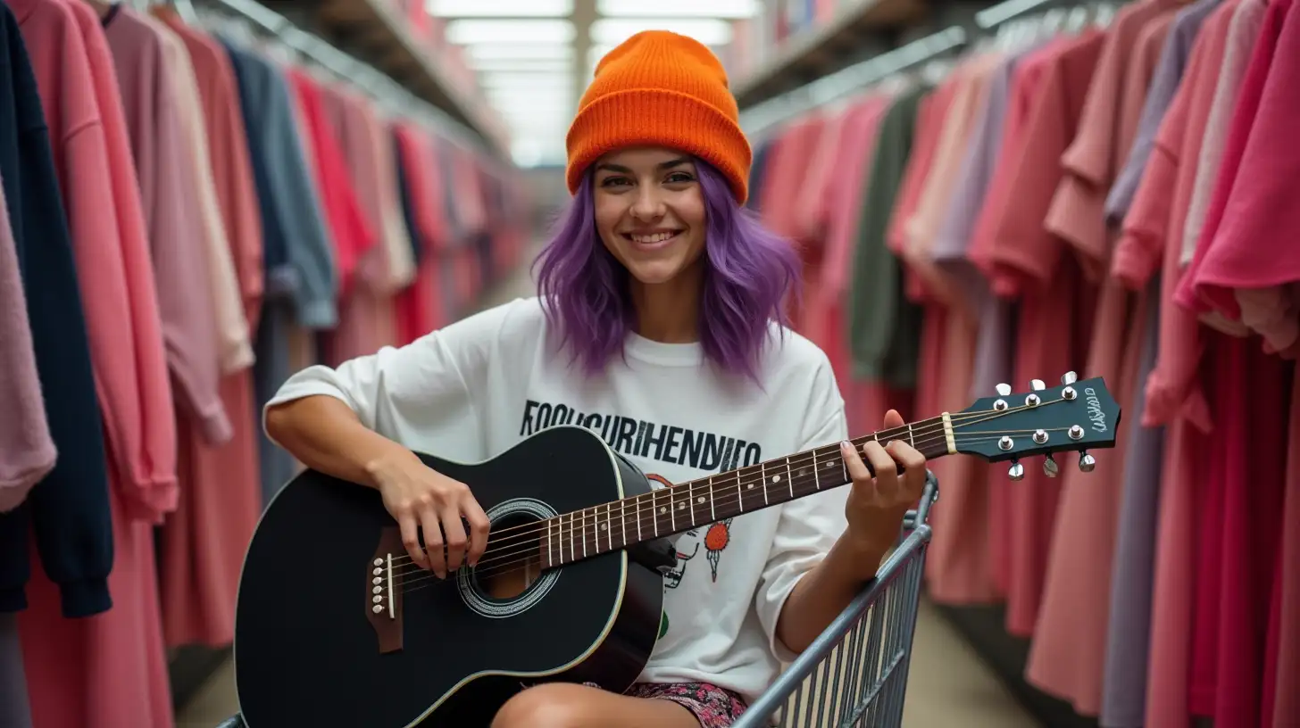 latin teen woman 16 years old with purple hair, dressed with white dead kennedys shirt and a orange beanie, in a clothing store with pink clothes on the racks, playing a black guitar sitting inside a shooping cart, full shot from head to feet