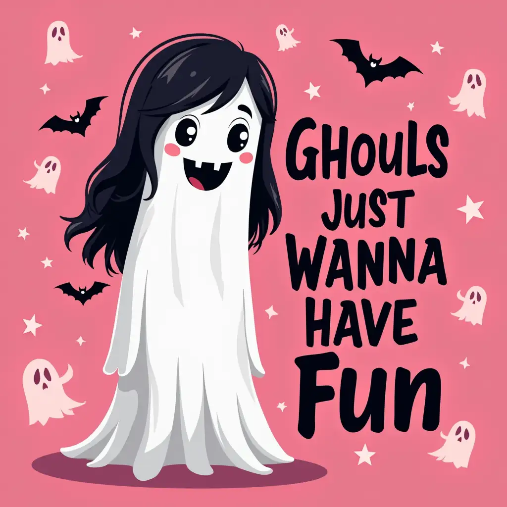 Vector illustration. A spooky Halloween-themed image with a cute, cartoonish ghoul girl in the foreground. The background should have a pink color with a pattern of bats and ghosts. The image should have bold, black text that reads 'Ghouls Just Wanna Have Fun' text the right side of the ghost girl.