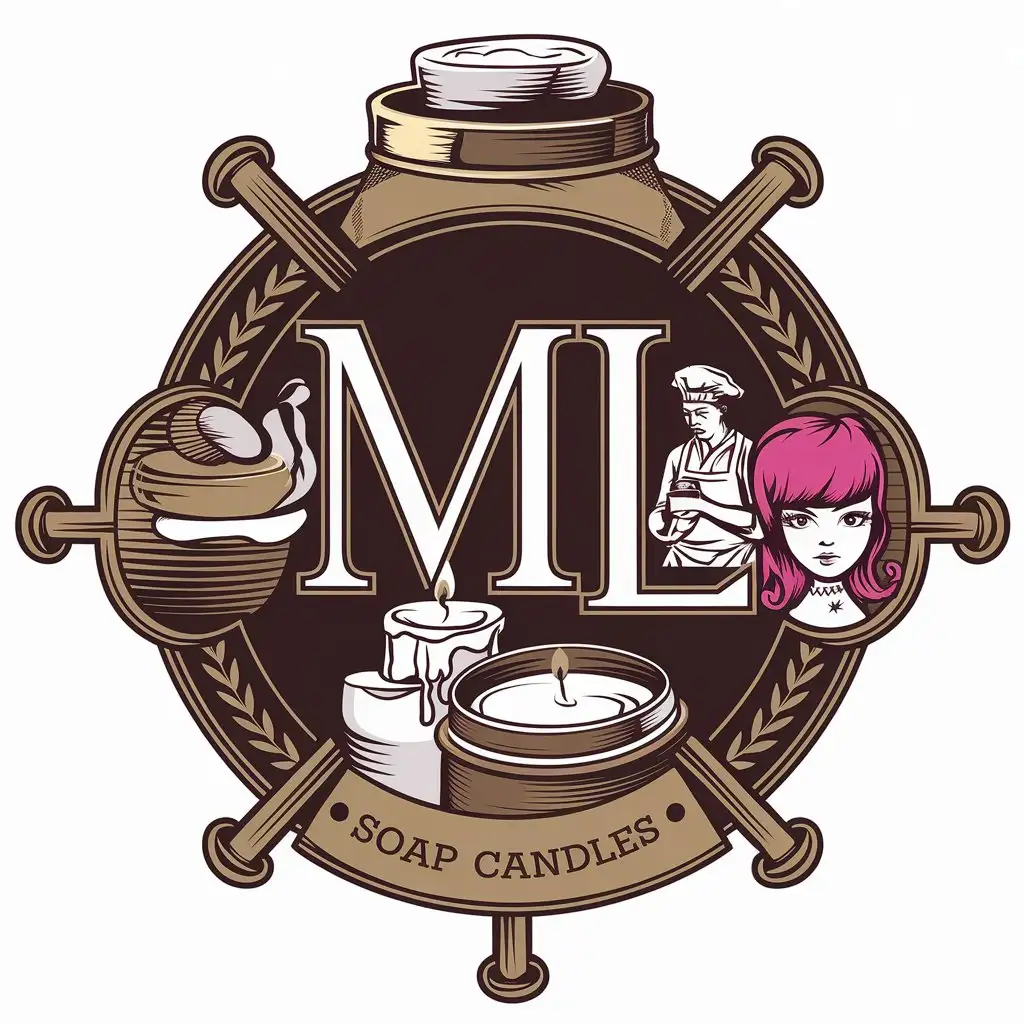 a vector logo design,with the text "ML", main symbol:Soap, cream, candles, soap maker, girl with pink hair, in strict style,complex,be used in soap boiler industry,clear background