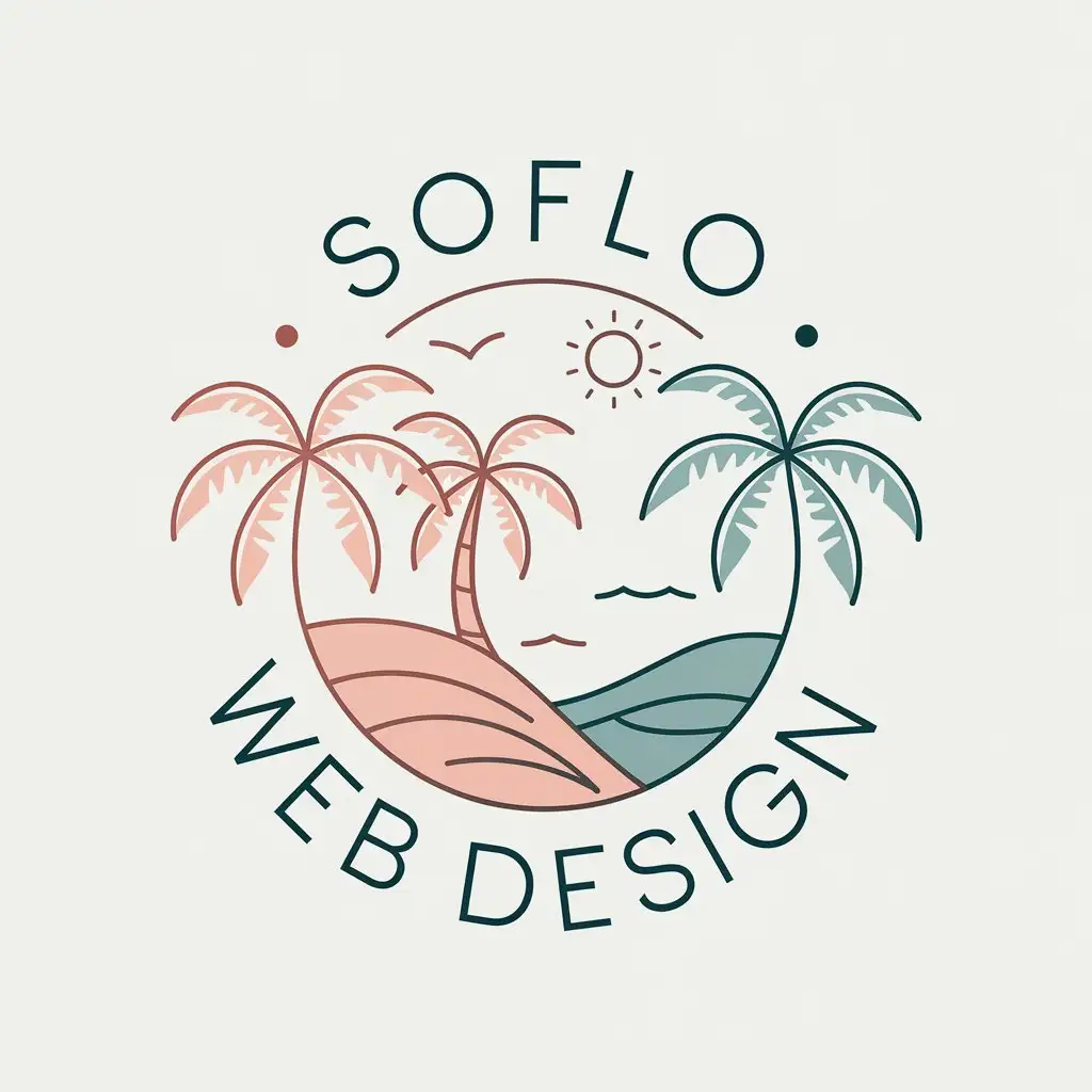 A circular text logo 'SoFlo Web Design' uniquely designed as a logo that has palm trees, beach, sun, sand in (light salmon, burnt sienna, peach puff, dark cyan) color palette, minimal,