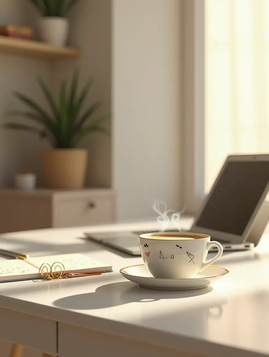 Realistic image of a modern and minimalist desk in a bright and cozy environment. On the desk there is an open laptop, a steaming cup of coffee with a simple but elegant design, a notebook with some doodles and a pen. The background shows a clear wall with subtle details such as a small plant or a discreet bookshelf, without overloading the space. The lighting is soft and warm, entering through a side window, creating an inspiring and relaxing atmosphere