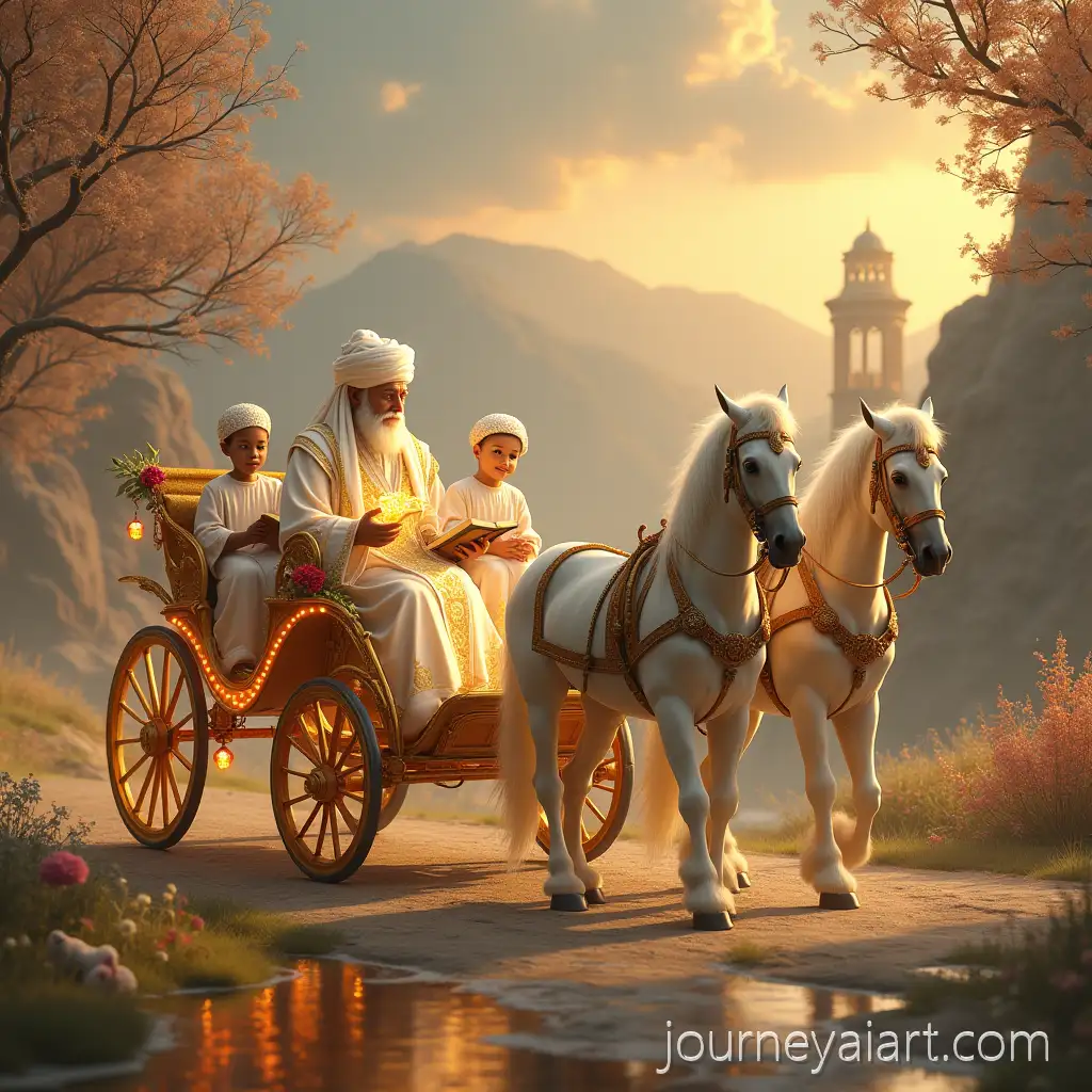 Divine-Islamic-Saint-with-Children-in-a-Golden-White-Horse-Buggy-Amid-Sacred-Valleys-of-Makkah-and-Madinah