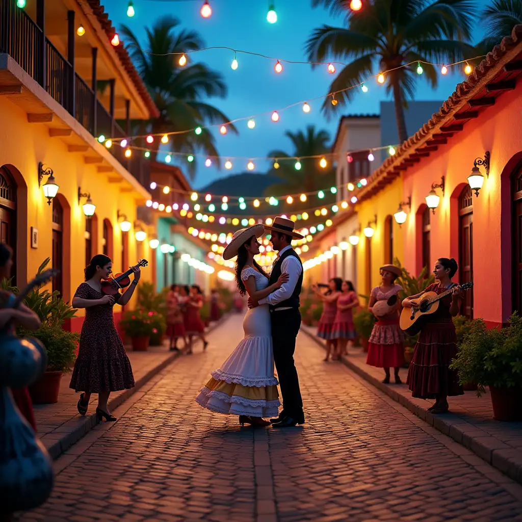 A vibrant Caribbean village street lit with colorful string lights and lanterns. A Mexican couple dances in the middle of the cobblestone plaza, surrounded by musicians playing tamboras and maracas. The pastel-colored houses and tropical flowers create a festive and lively atmosphere that celebrates rhythm and love.