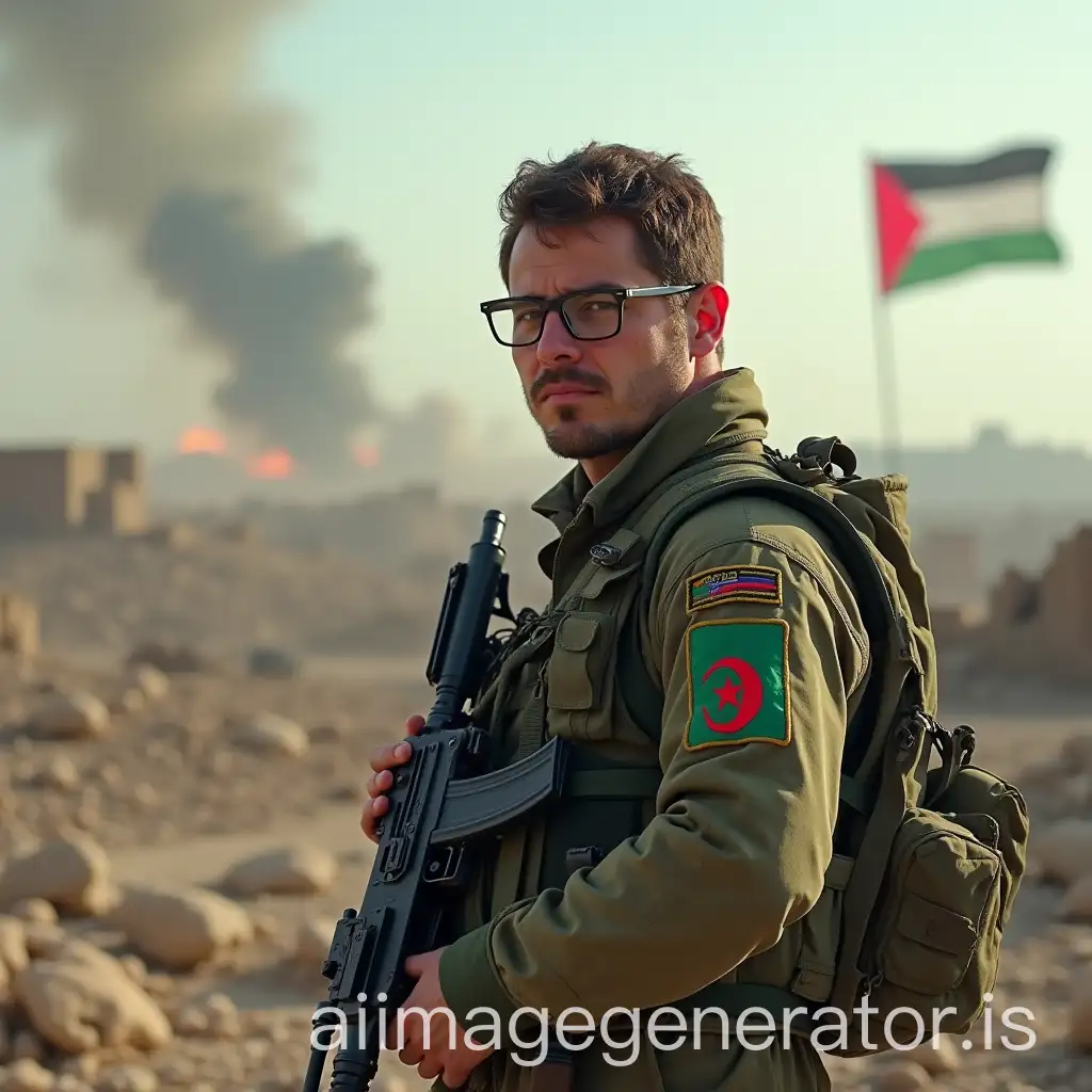 Soldier-in-FrontAI-Image-Prompt-Expansion-of-Ruined-City-with-Algerian-and-Palestinian-Flags