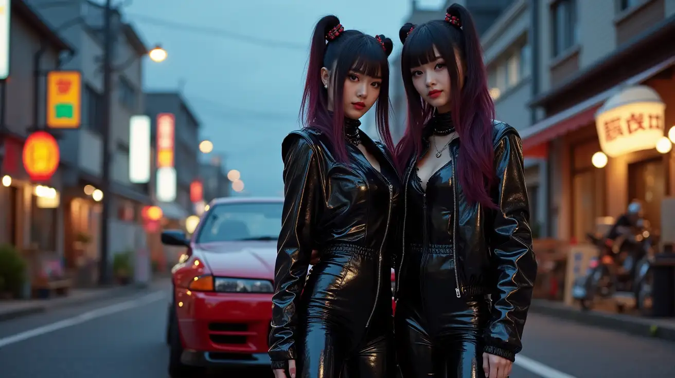 Punk-Women-in-Shiny-PVC-Fashion-on-Japanese-Street-at-Dusk-with-Nissan-R32