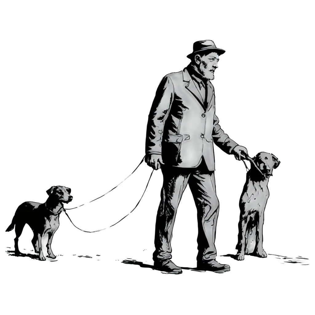 Black-and-White-PNG-Sketch-of-an-Old-Man-Walking-with-a-Dog-Perfect-for-Clear-and-Crisp-Designs